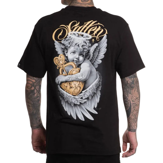 Black t-shirt with angel design and 'Sullen' branding on a white background