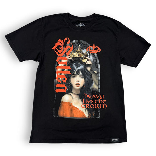 Black t-shirt with graphic design featuring a woman and text on a white background