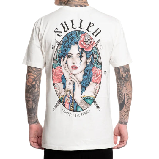 White t-shirt with a graphic design of a woman with blue hair and roses, featuring the brand 'Sullen'.