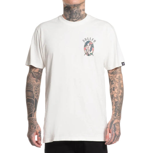 Person wearing a white t-shirt with a logo on a white background