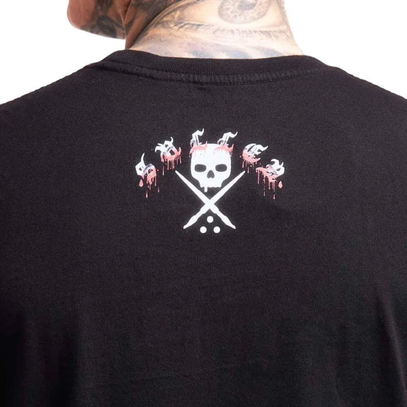 Load image into Gallery viewer, Close-up back view of a person wearing a black T-shirt, showing a white skull and crossed swords graphic with pink dripping details centered on the upper back.

