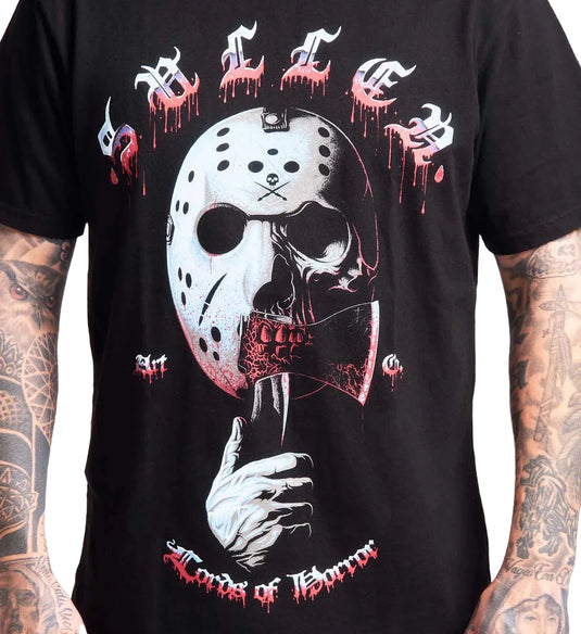 A close-up of a person wearing a black graphic T-shirt. The shirt features a large horror-style print of a hockey mask with a skull inside, dripping red blood, and the words 'SULLEN' at the top and 'Lord of Horror' at the bottom.