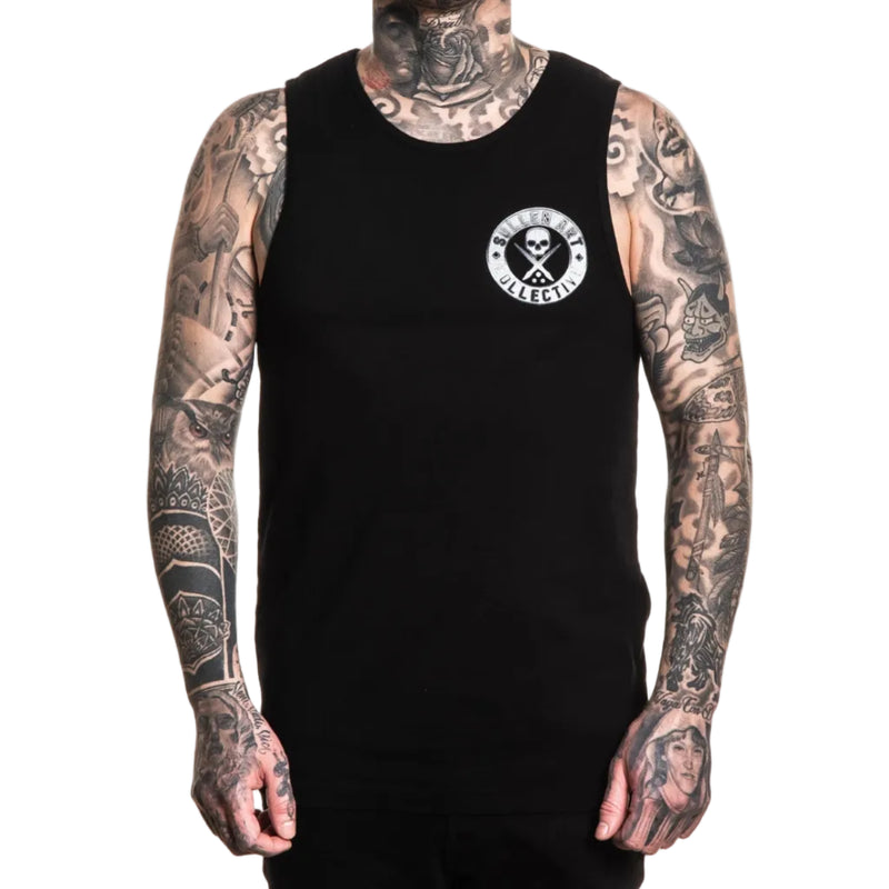 Load image into Gallery viewer, Person wearing a black tank top with a logo on a white background
