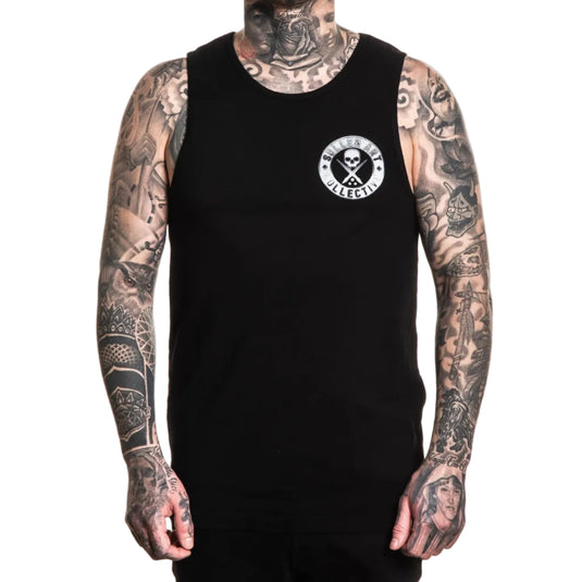 Person wearing a black tank top with a logo on a white background