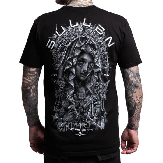 Black t-shirt with intricate design and 'Sullen' branding on a white background