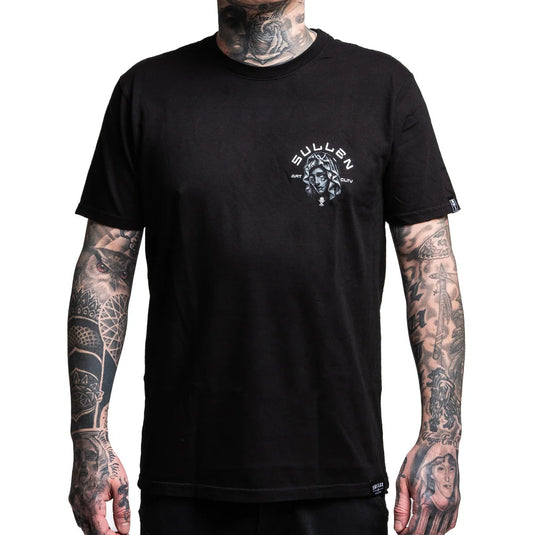 Person wearing a black shirt with Sullen graphic on a white background