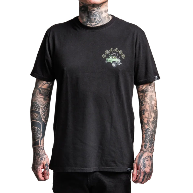 Load image into Gallery viewer, Person wearing a black t-shirt with a green graphic on a white background
