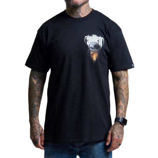 Black Sullen t-shirt with a skull and candle graphic on the chest with "Sullen" printed