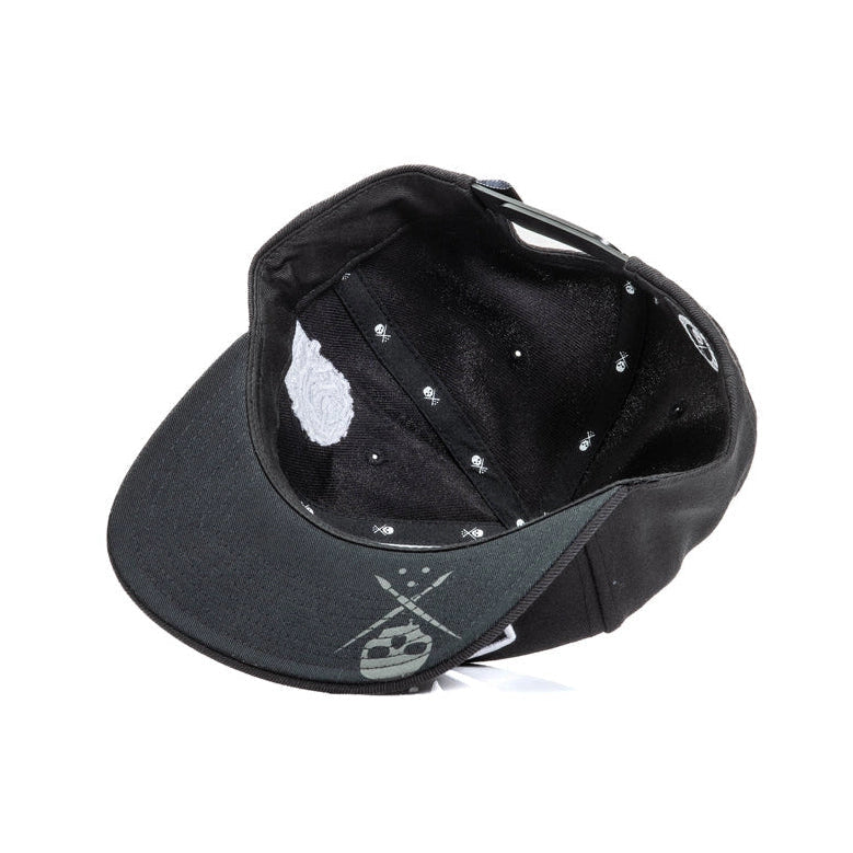 Load image into Gallery viewer, Black cap with Sullen logo in the inside and on the underbrim on a white background
