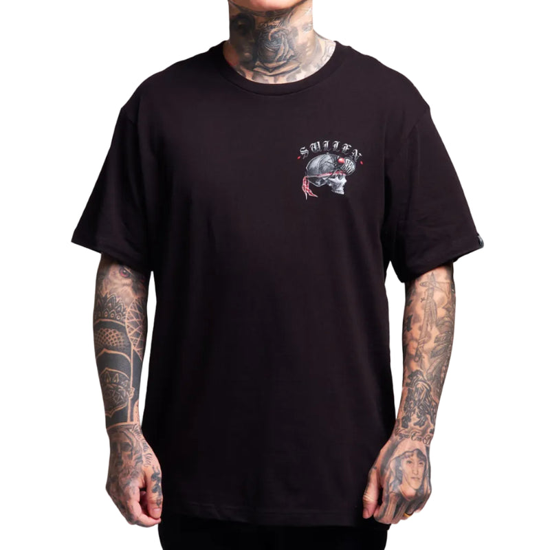Load image into Gallery viewer, Person wearing a black t-shirt with a graphic design on a white background
