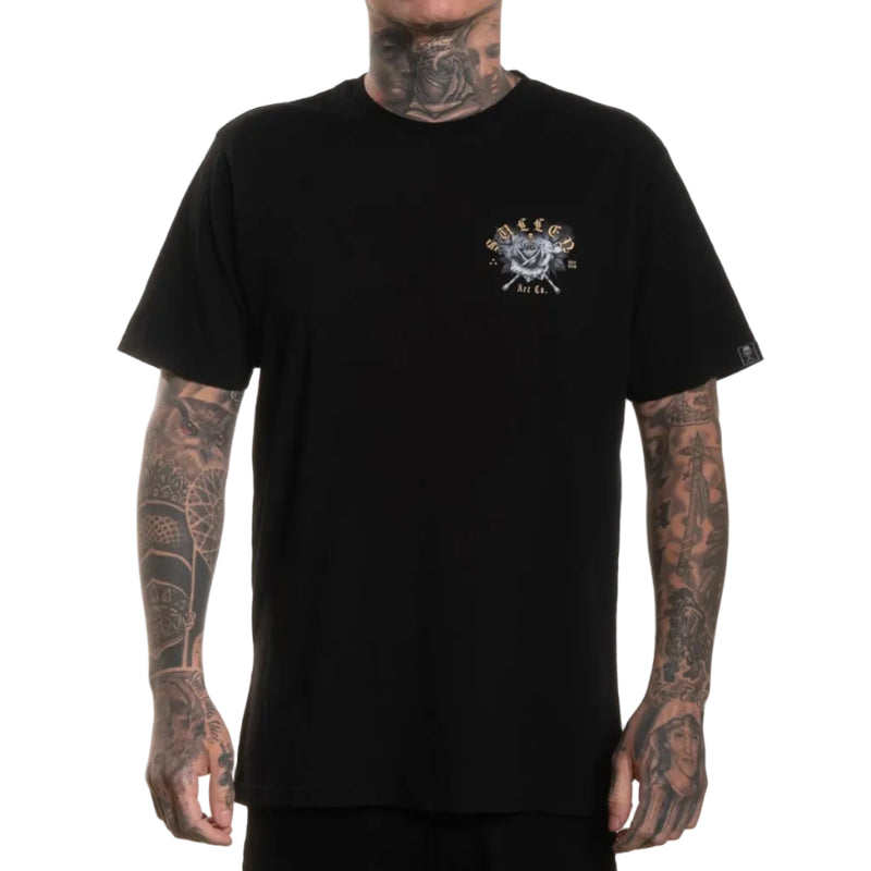 Load image into Gallery viewer, Person wearing a black t-shirt with a logo on a white background
