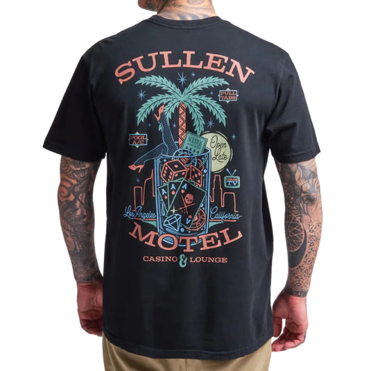 Black t-shirt with 'Sullen' and 'Motel' graphics on a white background