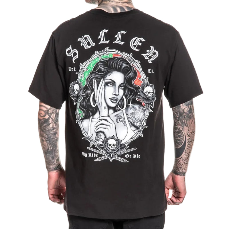 Load image into Gallery viewer, Black t-shirt with a graphic design and 'Sullen' branding on the back, worn by a person with tattoos.
