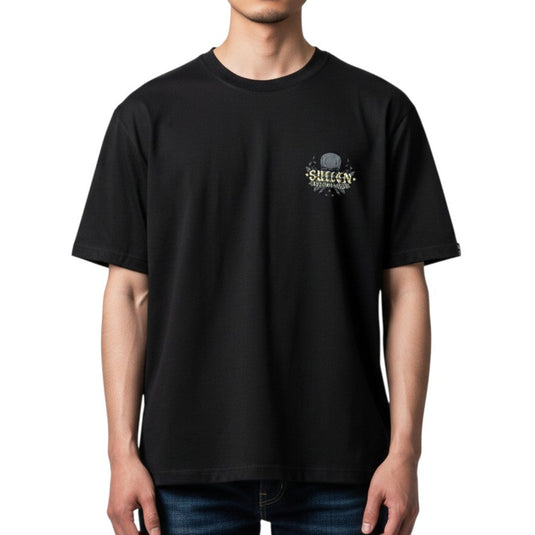 Person wearing a black t-shirt with a skull 'Sullen' logo on a white background