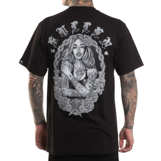 Black t-shirt with a graphic design of a woman's face and tattoos on the back, worn by a person with tattoos.