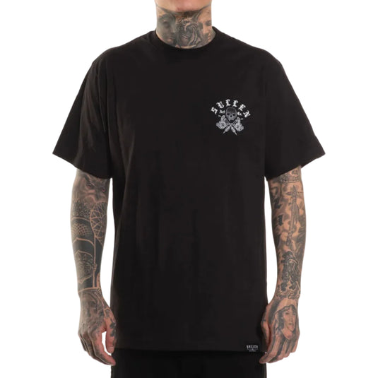 Person wearing a black t-shirt with a Sullen logo on a white background