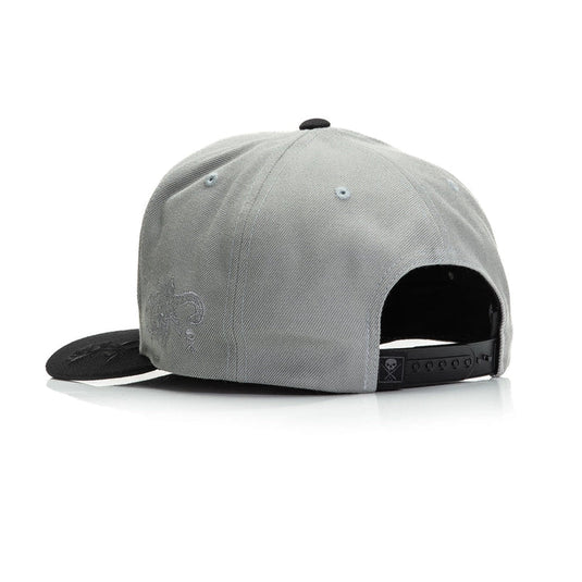 Gray cap with black brim on a white background