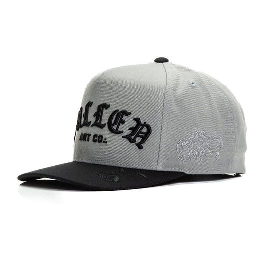 Gray and black cap with branding on a white background