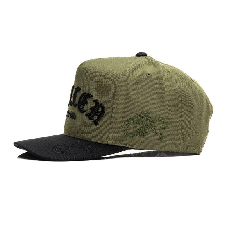 Load image into Gallery viewer, Green and black cap with branding on a white background
