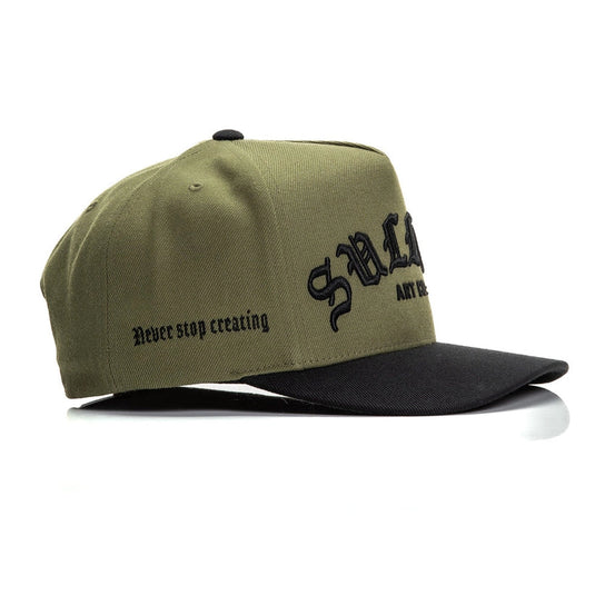 Green and black cap with text on a white background