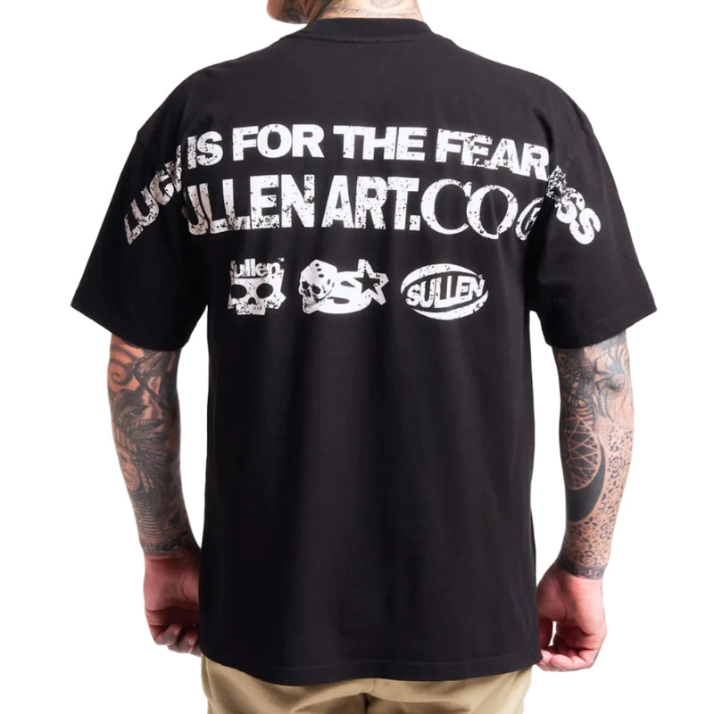 Load image into Gallery viewer, Black t-shirt with white text and graphics on the back, worn by a person with tattoos.
