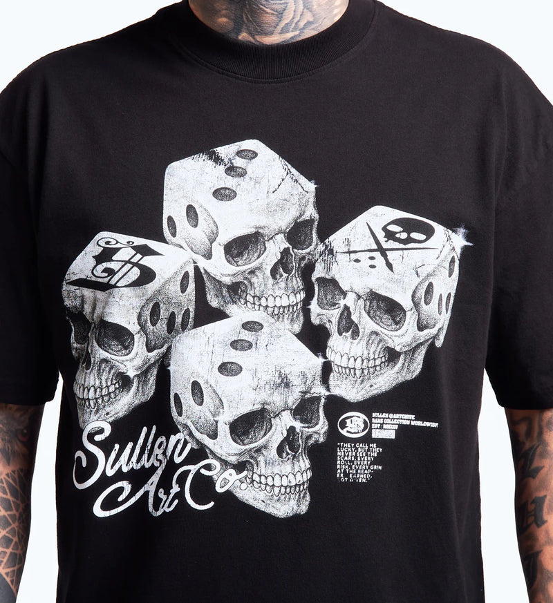 Load image into Gallery viewer, Black t-shirt with skull and dice design on a plain background
