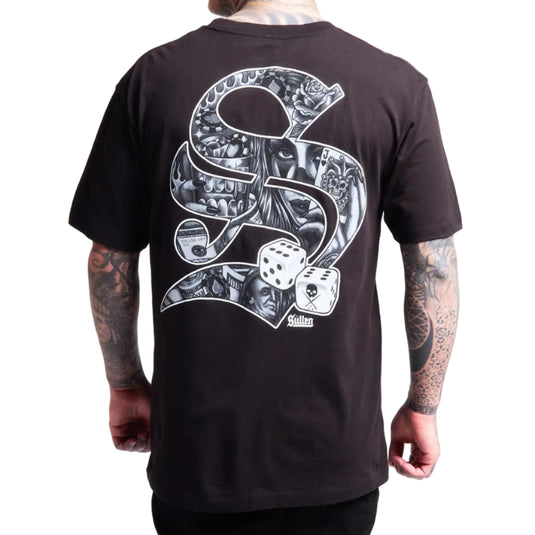 Black t-shirt with a white graphic design on the back, worn by a person with tattoos.
