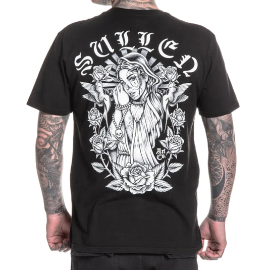 Black t-shirt with a detailed graphic design on the back, worn by a person with tattoos.