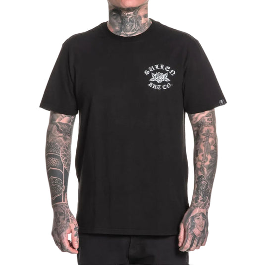 Person wearing a black t-shirt with a logo on a white background