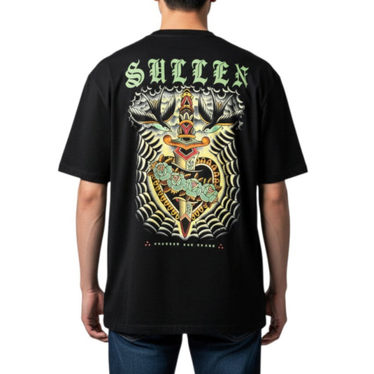 Black t-shirt with a colorful graphic design and 'Sullen' branding on a white background