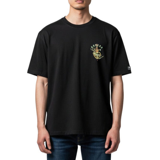 Black t-shirt with a colorful graphic design and 'Sullen' branding on a white background