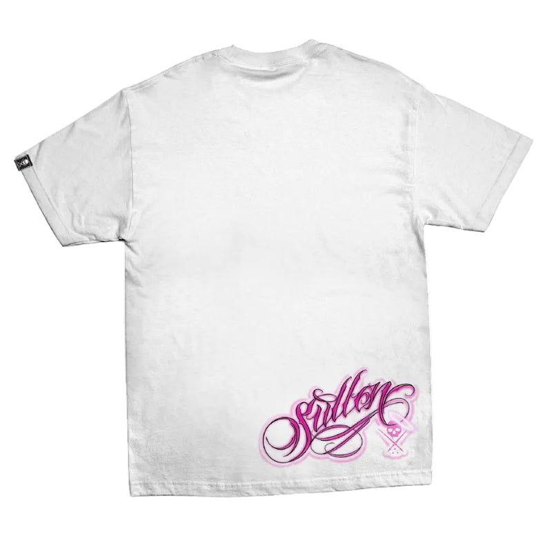 Load image into Gallery viewer, White t-shirt with pink 'Sullen' logo on a white background
