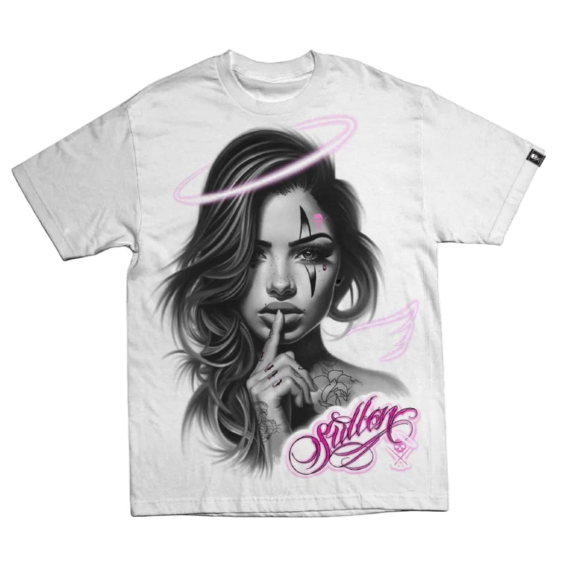 Load image into Gallery viewer, White t-shirt with a graphic design of a stylized face and 'Sullen' branding on a white background
