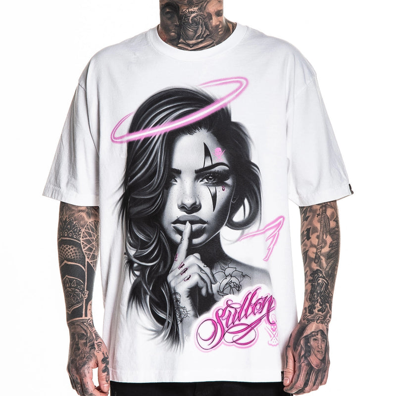 Load image into Gallery viewer, Person wearing a white t-shirt with a graphic design of a woman with a pink halo and the brand 'Sullen' on a white background.
