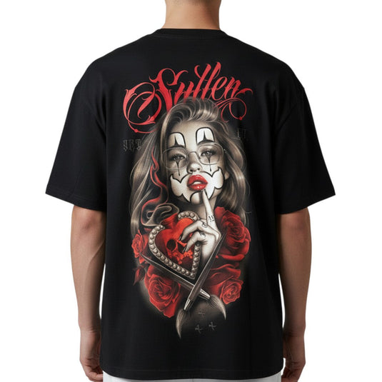 Black t-shirt with a graphic design of a woman with roses and text on the back, displayed on a white background.