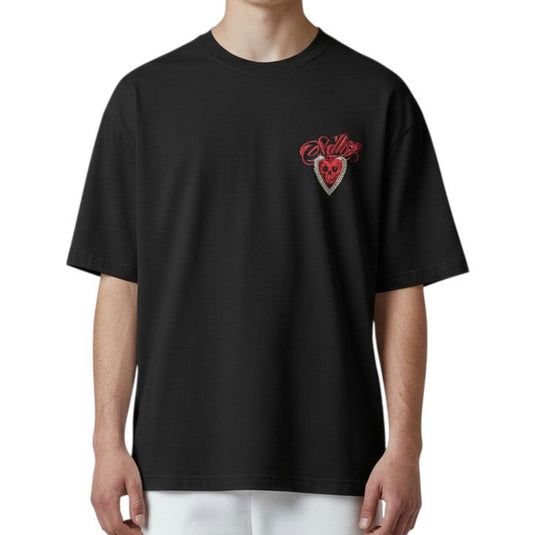 Black t-shirt with a graphic design of a skull in a heart with 'Sullen