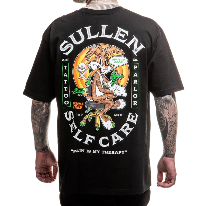Load image into Gallery viewer, Black t-shirt with Sullen brand graphic design on the back
