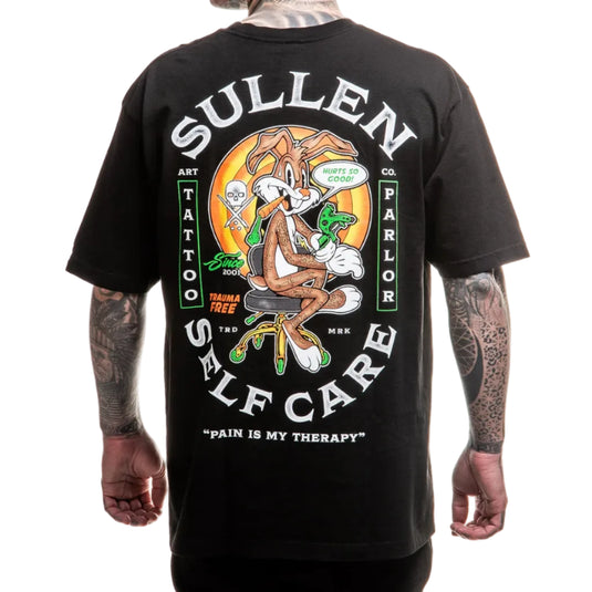 Black t-shirt with Sullen brand graphic design on the back