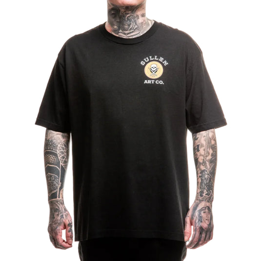 Person wearing a black t-shirt with a logo and text on a white background