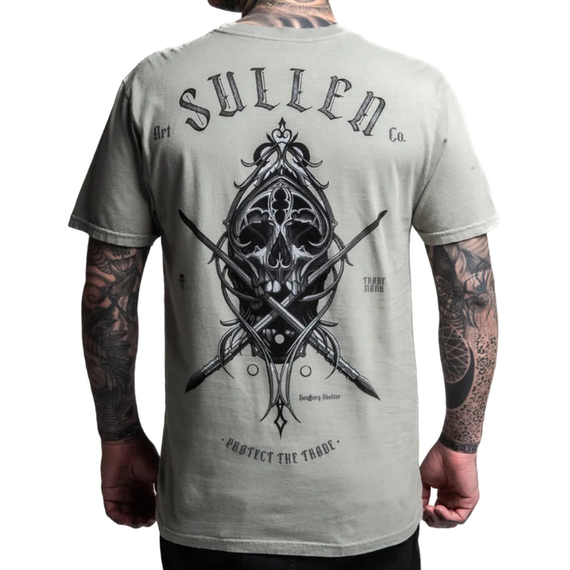 Load image into Gallery viewer, Person wearing a gray t-shirt with a black graphic design and 'Sullen' branding on the back.
