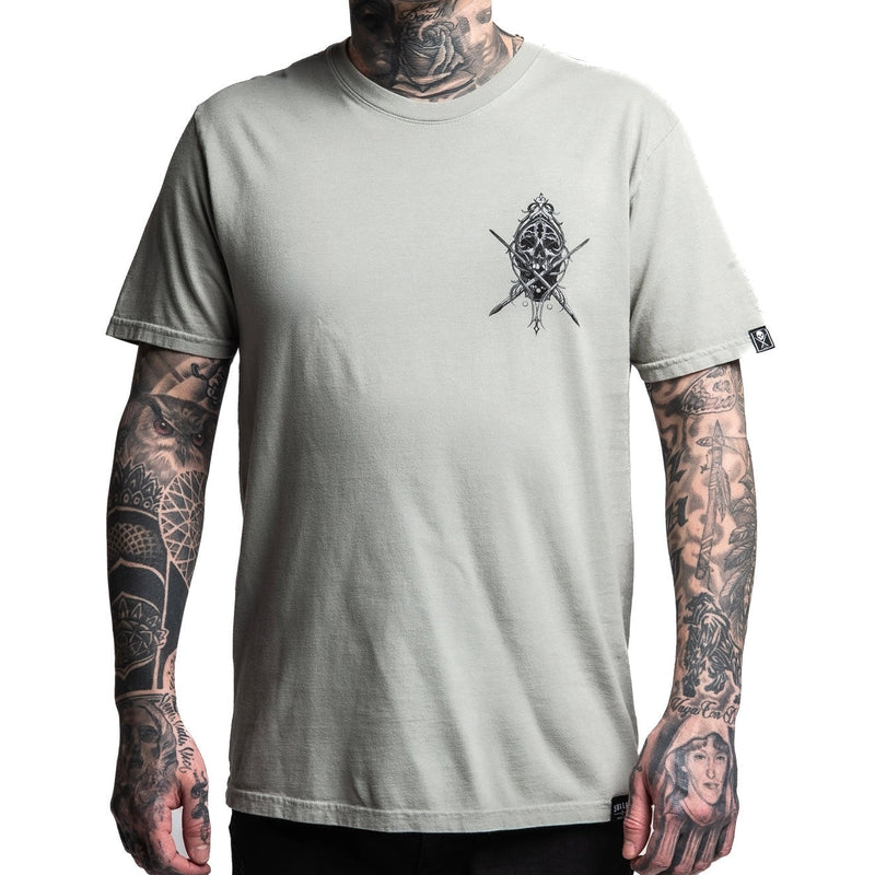 Load image into Gallery viewer, Person wearing a gray t-shirt with a graphic design on a white background
