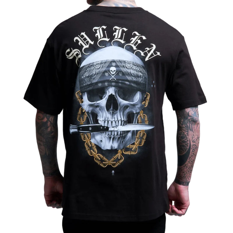 Load image into Gallery viewer, Back of a black shirt wiith a skull and knife graphic on a white background.
