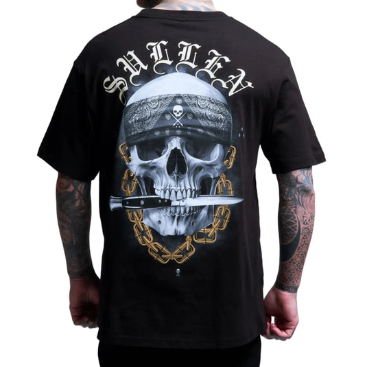 Back of a black shirt wiith a skull and knife graphic on a white background.