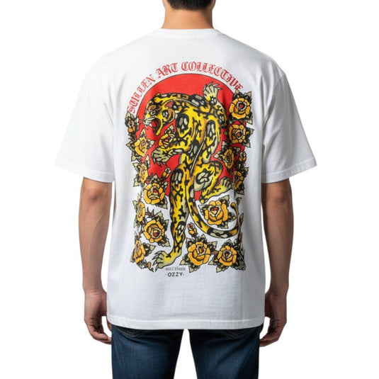 White t-shirt with a graphic design of a yellow tiger and red sun on a white background