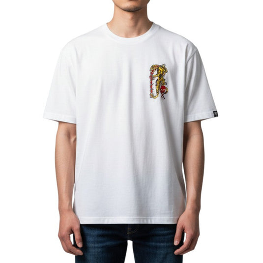 White t-shirt with a graphic design of a yellow tiger and red sun on a white background