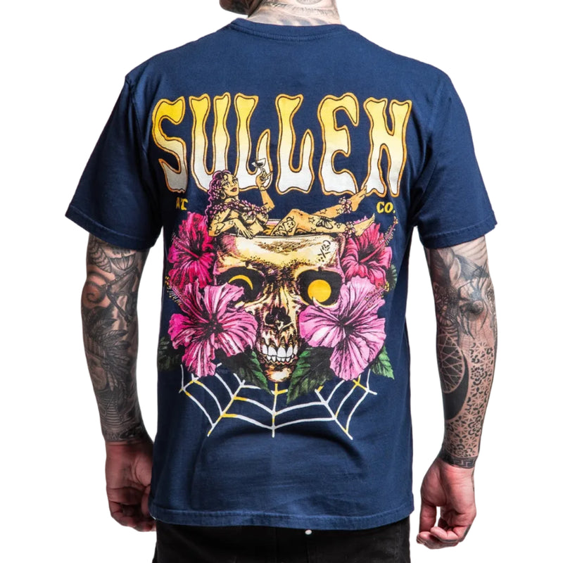Load image into Gallery viewer, Navy blue t-shirt with a skull and floral design on the back, featuring the brand 'Sullen'.
