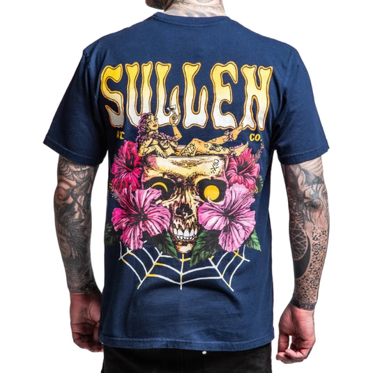 Navy blue t-shirt with a skull and floral design on the back, featuring the brand 'Sullen'.
