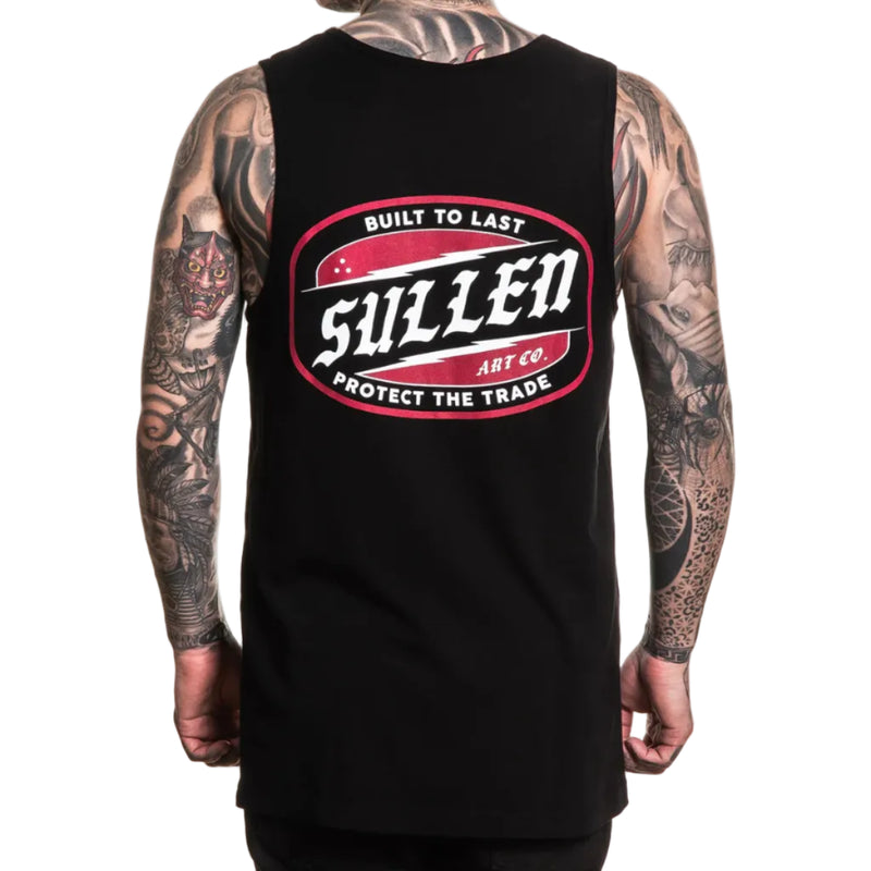 Load image into Gallery viewer, Person wearing a black tank top with Sullen brnading on a white background
