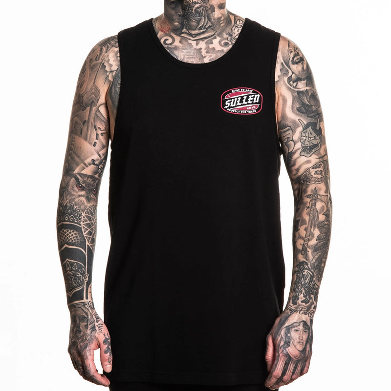 Load image into Gallery viewer, Person wearing a black tank top with a Sullen logo on a white background
