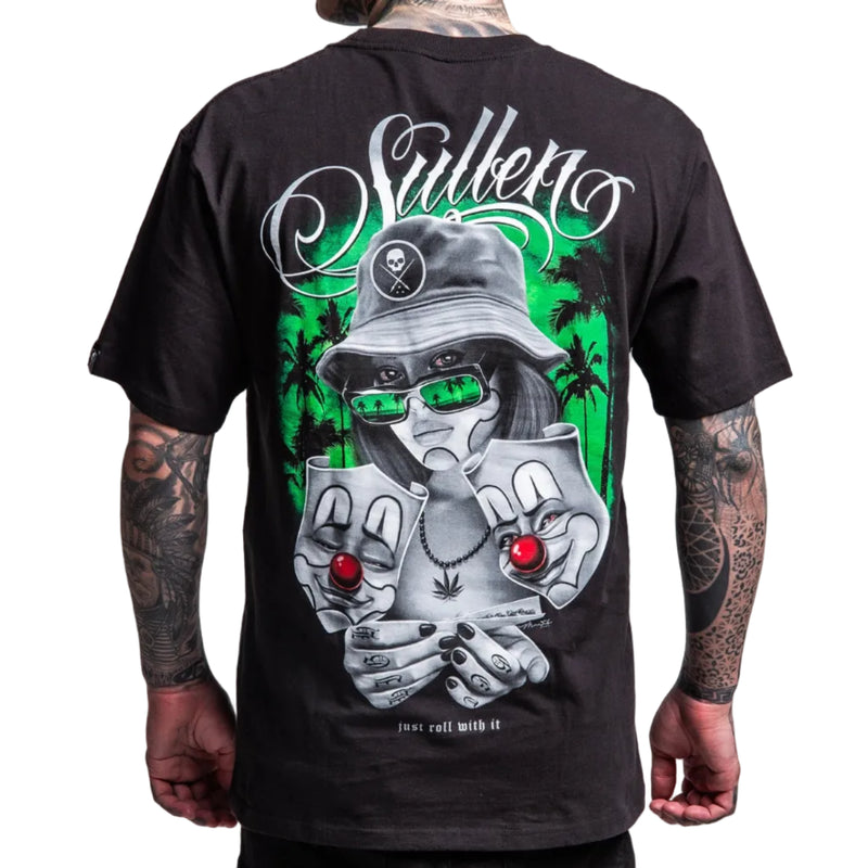 Load image into Gallery viewer, Black t-shirt with a graphic design of hands holding a joint and a skull, featuring the brand 'Sullen'.

